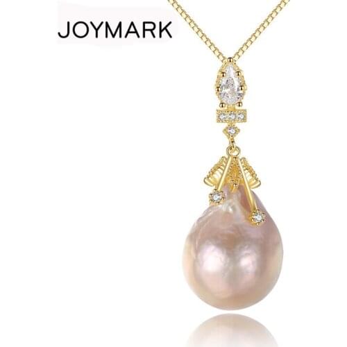 925 Sterling Silver Big Natural Freshwater Baroque Pearl Pendant Necklaces With Zircon Stones Fine Jewelry For Women JPN329