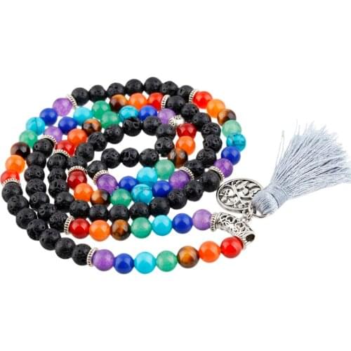 SUNYIK 6mm Black Lava Rock 7 Chakra 108 Mala Beads Prayer Stones Bracelet Necklace