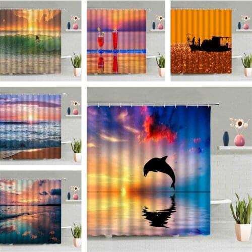 Ocean Dolphin Shower Curtain Setting Sun Dusk Sky Sea Animal Scenery Bathroom Screen Decor Waterproof Wall Hanging Curtains Set
