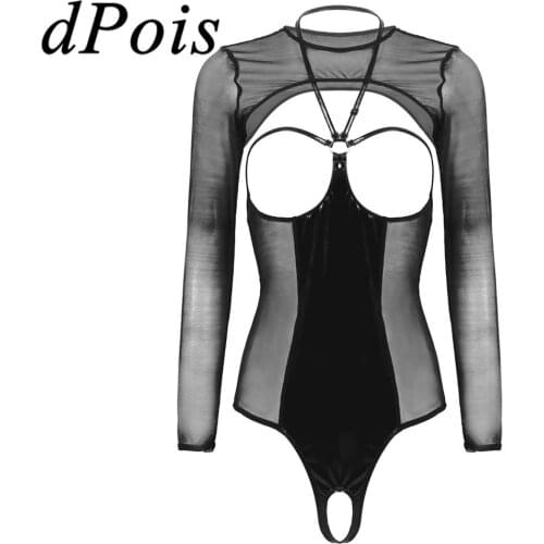 Womens Patent Leather Mesh Splice One-piece Halter Neck Open Cups Crotchless Teddy Bodysuit with Long Sleeves Mesh Shrug Tops