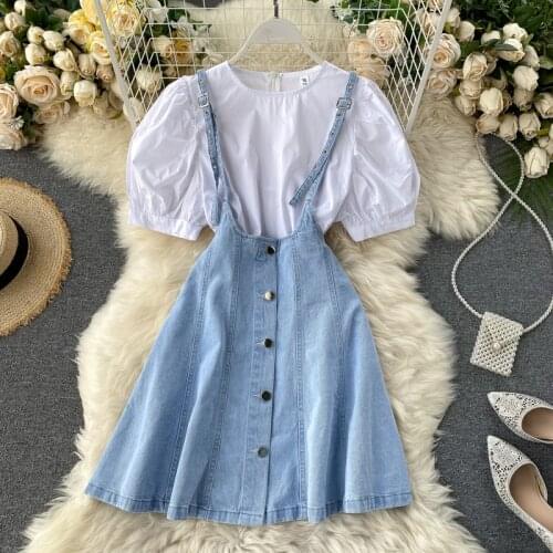Women 2 Pieces Set denim Strap Dress Slim with Tops Button Up Modest Office Lady Wear Work Classy African Fashion Bodycon Female