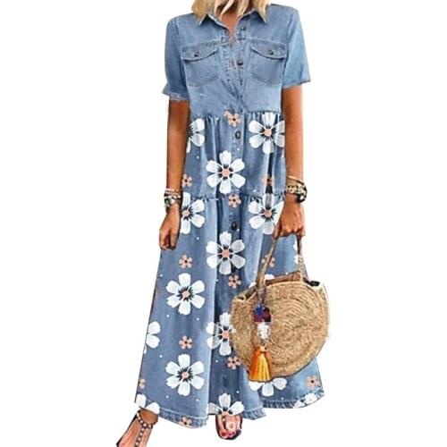 Women Denim Dress Casual Buttoned Pocket Blue Short Sleeve Maxi Dresses Plus Size Long Dresses Vestidos High Quality Print