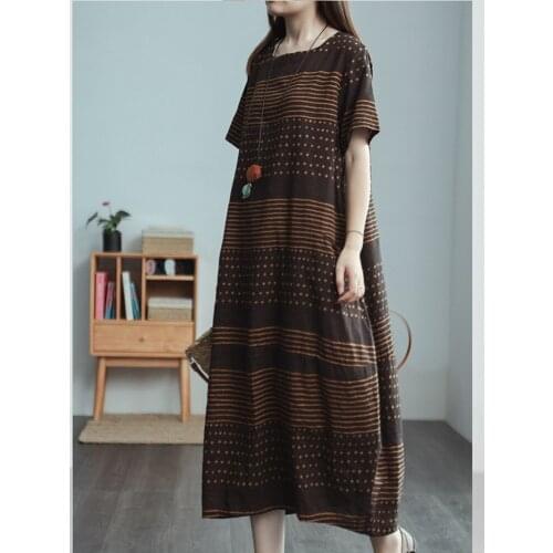 2021 New Arrival Thin Soft Cotton Linen Loose Cozy Summer Dress Print Dot striped Office Lady Work Dress Women Casual Midi Dress