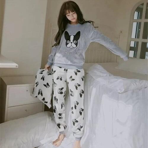 Winter Flannel Sleepwear Kawaii Animal Pajama Set Cute Dog Pants Printed Pyjama Cartoon Negligee Plus Size Nightwear