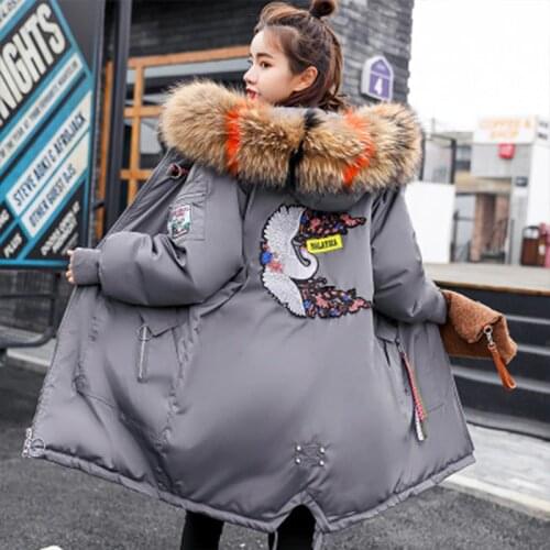 Embroidery Winter Jacket Women Fur Collar Long Parka Winter Coat Women Hood Elegant Padde Feminine Warm Thicken Long Coat Women