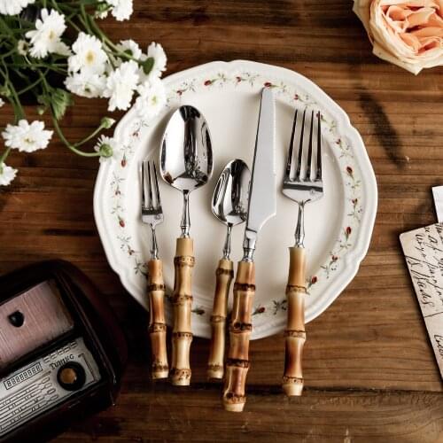 5PCS Bamboo Small Waist Stainless Steel Steak Knife, Fork and Spoon 5-Piece Set Western Food Tableware Set