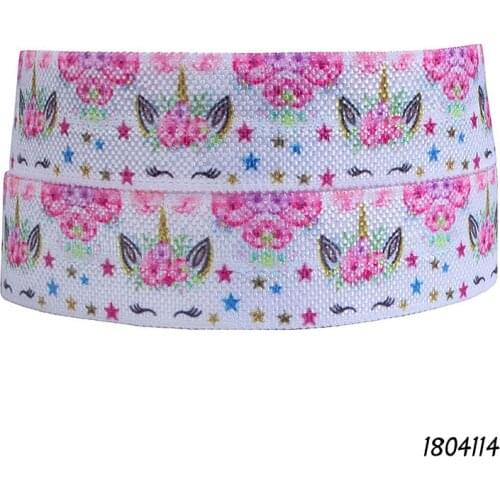 50 yards/lot) Kids DIY pink flower and beautiful unicorn face printed fold over elastic ribbon