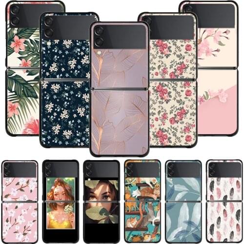 For Samsung Galaxy Z Flip3 5G Case For Samsung Galaxy Z Flip 3 Zflip 5G Black Hard PC Cases Leaves Flowers Woman