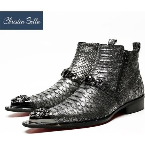 Christia Bella Winter Snake Skin Men Shoes Genuine Leather Boots Fashion Metal Toe Boots Plus Size Ankle Crystal Chain Boots