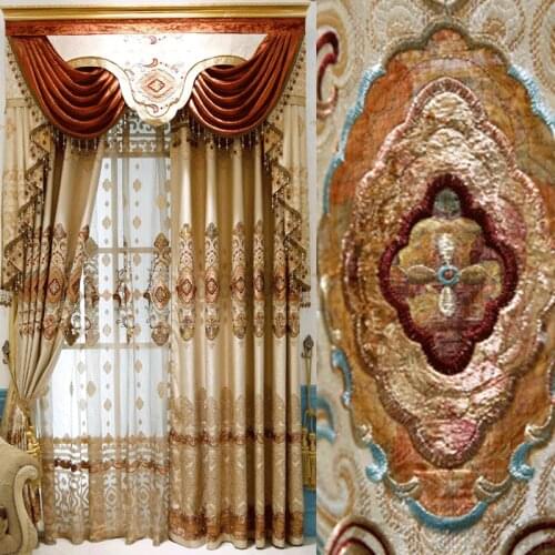 European luxury embroidered bronzing cotton and linen curtains custom modern minimalist shading patch embroidered velvet