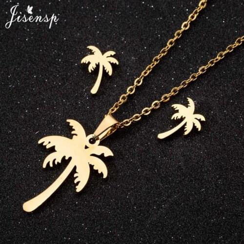Jisensp Bohemia Coconut Tree Pendant Necklace Earrings Set Statement Jewelry Stainless Steel Women Choker Necklace collares