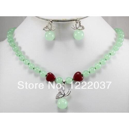 Beautiful jewelry green stone necklace butterfly pendant earrings set