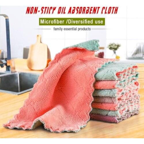 5Pcs Kitchen Non-stick Oil Absorbent Cloth Solid Color Double-sided Strong Water-absorbing Dish Towel Dry And Wet Scouring Pad