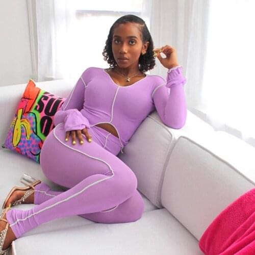 European and American new casual sexy womens wear orange purple collar horn sleeve sports tight trousers two suits