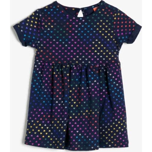 Girl Navy Blue Printed Dress 0 YMG89353OK Midi Printed Button Short Sleeve Cotton Night Bike Collar Yellow