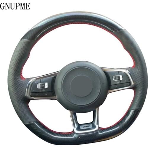 Hand-Stitched Black Carbon Fiber Genuine Leather Car Steering Wheel Cover For Volkswagen Golf 7 GTI / Golf R MK7 / VW Polo GTI