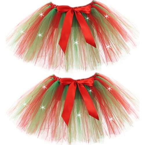 Kids Girls Christmas Red Green LED Light Up Tutu Skirt Elastic Waist Ribbon Bowknot Fluffy Layered Ballet Dance Dress Up