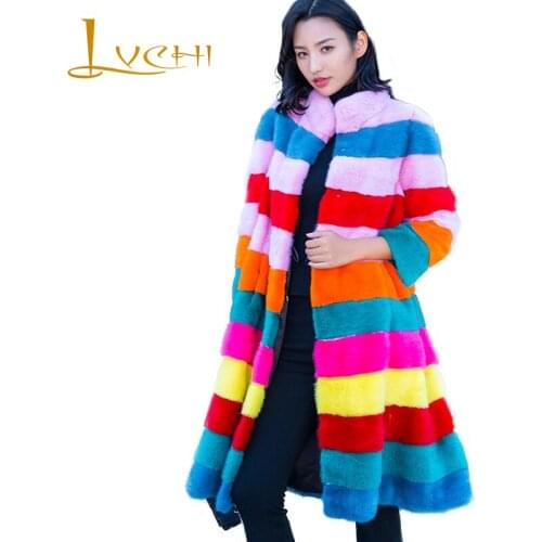 LVCHI Winter 2019 Real Mink Fur Coat Womens Long Sleeve Spliced Coat Long Patchwork Rainbow Slim Mandarin Collar Mink Coats
