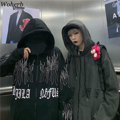 Woherb Sweatshirt Women Oversized Jackets Fall 2021 Woman Clothes Harajuku BF Flame Print Tops Hoodie Korean Hooded Hoodies