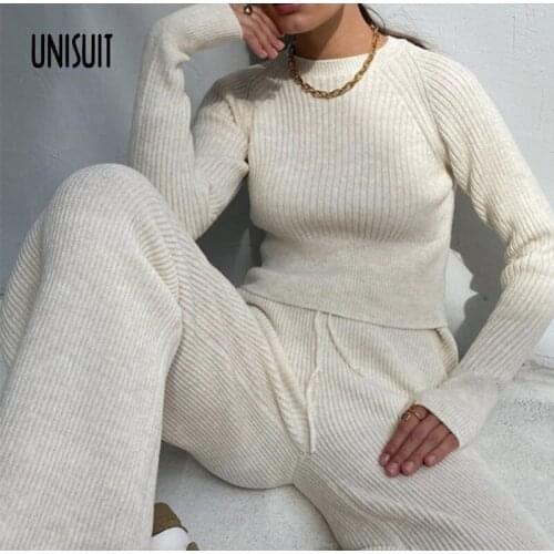 2021 Women Knitted Sweater Solid Color Round Neck Long Sleeve Outfits Y2K Casual Striped Suit Warm Two Piece Sets Tracksuit