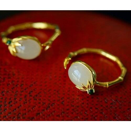 New S925 pure silver ring for women gilded bamboo joints inlaid with natural jade stylish silver jewelry 925 silver women ring