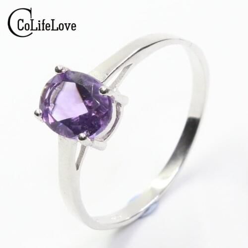 Hot Sale Solid Silver Sterling 925 Rings 7*9mm 100% Natural Amethyst Ring Birthday Gift for Woman