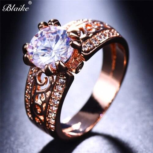 Blaike Luxury White Zircon Rings For Women Hollow Shape Rose Gold Filled Two Row Small Zircon Engagement Wedding Jewelry Gifts