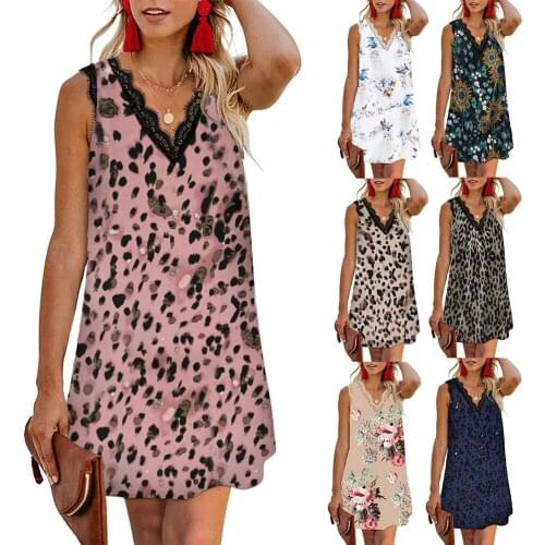 Summer Women Sexy Tank Dress Casual Lace Patchwork Loose Beach Mini Dress Vintage V-neck Sleeveless Print Dresses Femme Big Size