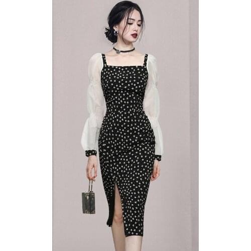 WTIANYUW 2021 New Women Square Collar Floral Printed Patchwork Split Dress Sexy Puff Sleeve Vestidos