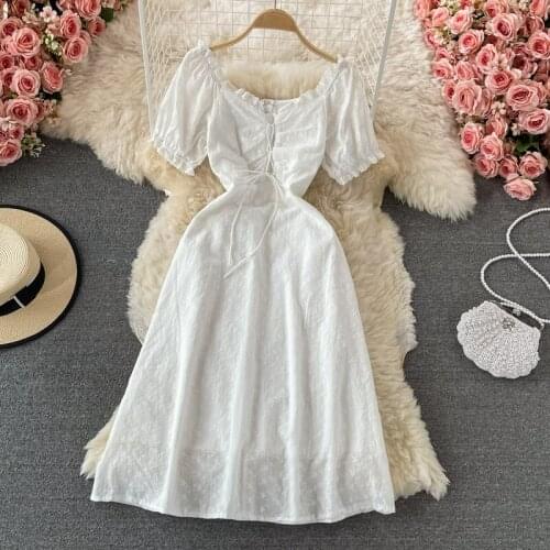 French Dress Women White V Neck Puff Short Sleeve Lace Up Party Dresses Summer 2021 New High Waist Mid Calf Lady Vestidos