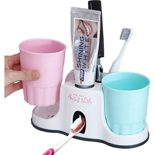 3-in-1 Vacuum Suction Cups Automatic Toothpaste Dispenser with 2 Rinse Cups and 5 Storage Grids Holder for toothbrushes