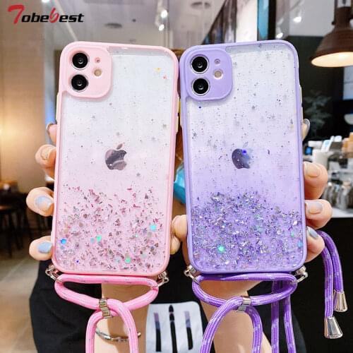 Necklace Lanyard Bling Glitter Case For Huawei Y9 Prime Y7 Y6 2019 Coque Strap Cord Chain Silver Foil Soft Silicone Cover