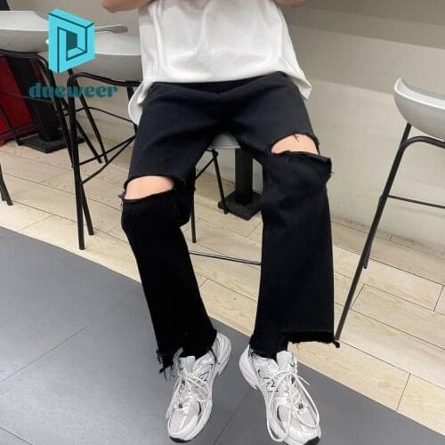 DUEWEER Mens Ripped Jeans Baggy Holes Straight Black Cropped Trousers Men Wide Leg Distressed Jeans Harajuku Denim Pants