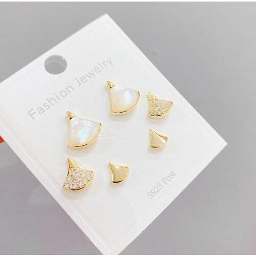 Hot Sale 6 Pcs Exquisite CZ Fan Shape Shell Stud Earrings Unique Delicate Earrings Set