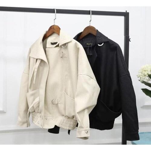 Fashion Street Faux Leather Jacket Women Casual Loose Batwing Sleeve Washed Pu Leather Coat Biker Jackets