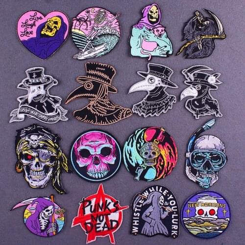 Punk Biker Patches For Clothing Plague Doctor Iron On Embroidered Patches For Clothes DIY Punk Skull Rock Patch Jeans Stripes