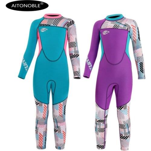 Aitonoble 2.5mm Neoprene Girls Swimming Wetsuits Diving Suit Kids Surfing Jumpsuit Dive Skin 2 Length Options