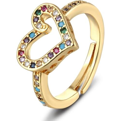 New Fashion Gold Color Romantic Heart Adjustable Rings Cubic Zirconia Opening Finger Wedding Ring For Women Charm Jewelry Gift