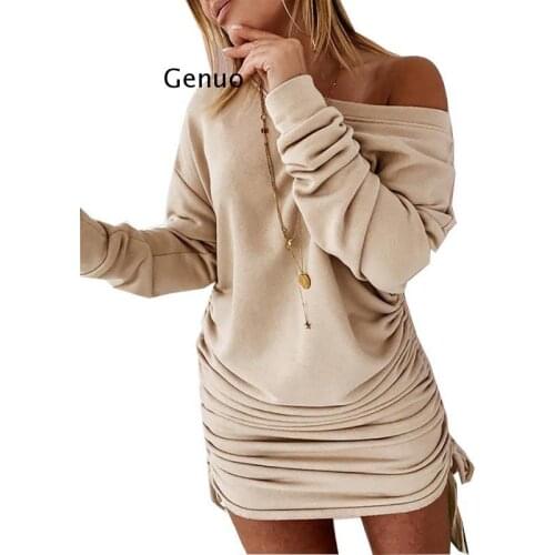 Sexy Women Pencil Dress Shrinkage Drawstring Design O-Neck Long Sleeve Mid Waist Solid Color Slim Pullovers Mini Dress