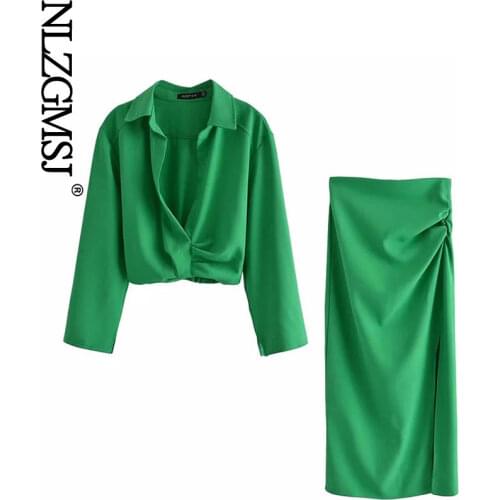 Nlzgmsj Za Skirts Womens 2021 Two Piece Set Linen Blend Cropped Women Shirt Draped Skirt Autumn Fashion Casual Dress Sets 202106