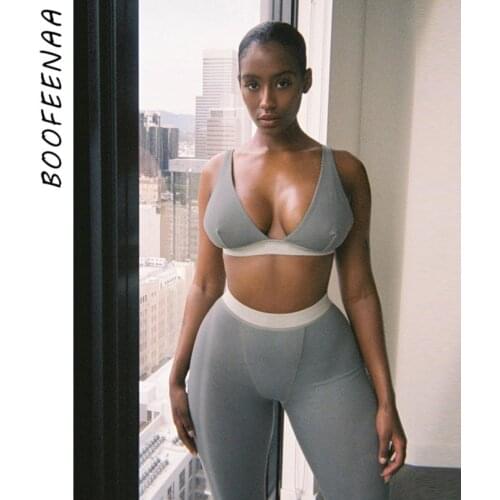 BOOFEENAA Sexy 2 Piece Set V Neck Cropped Top and Pants Leggings Ribbed Knit Casual Suit Women Workout Tracksuits C16-CF29