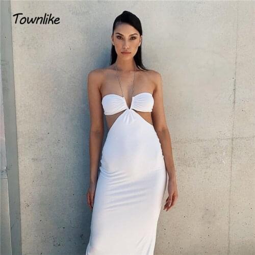 Townlike Halter Backless 2021 Summer Women Strapless Holllow Out Low Cut Slim Sexy Bodycon Dress Elegant Midi Long Dresses