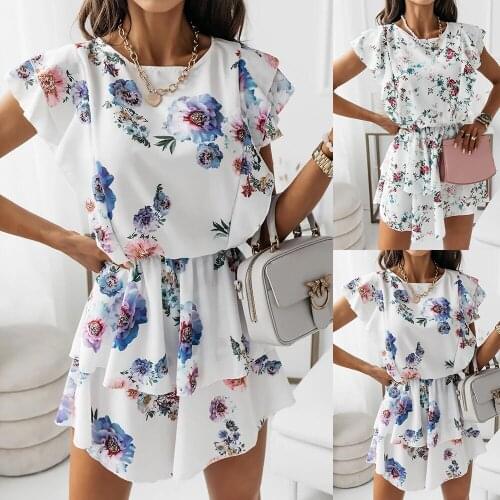 Dresses Summer 2021 Ladies Fashion Printing Loose A-line O-neck Dress Splicing Double Layer Ruffle Sleeveless Woman Dress