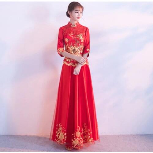 Women Red Chinese Traditional Dress Ancient Wedding Costume Lady Cheongsam Party Retro Qipao Dress Stage Performance Clothing