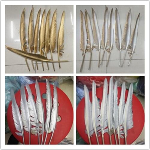 Hot 10pcs single-sided golden yellow / silver Turkish feather 30-35cm / 12-14 inches wedding party decoration craft feather