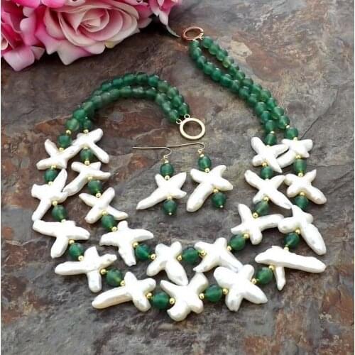 2 row 20" White Cross freshwater Pearl Green bead Necklace Earrings Set