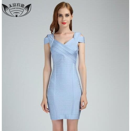 2017 Summer Women Elegant Dresses V Neck Cross Design High Flexibility Blue Color Party Dress Short Sleeve Ladies Bandage Dress