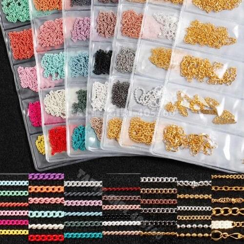 6 Grids/Pack Multi-colored All Various Shapes Chains Ring Buckle Metal 3D Studs Nail Art Alloy Decorations Manicure DIY