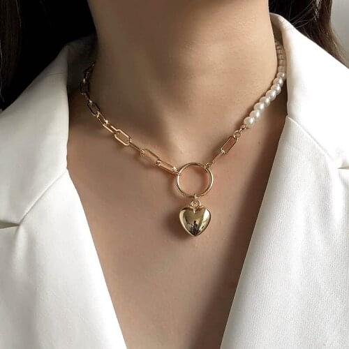 Asymmetrical Thick Chain Pearl Heart Pendant Necklace for Women Punk Geometric Choker Clavicle Necklace Colar Jewelry Gift