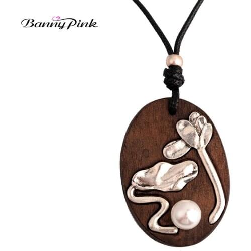 Banny Pink National Element Alloy lotus Pearl Pendant Necklace For Women Ethnic Wood Pendant Necklace Black Rope Sweater Chain